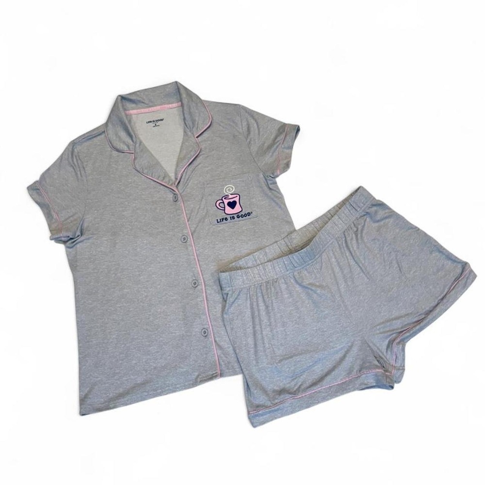 Life is Good Womens Pajama Set Grey Pink Coffee Mug Button Down and Shorts